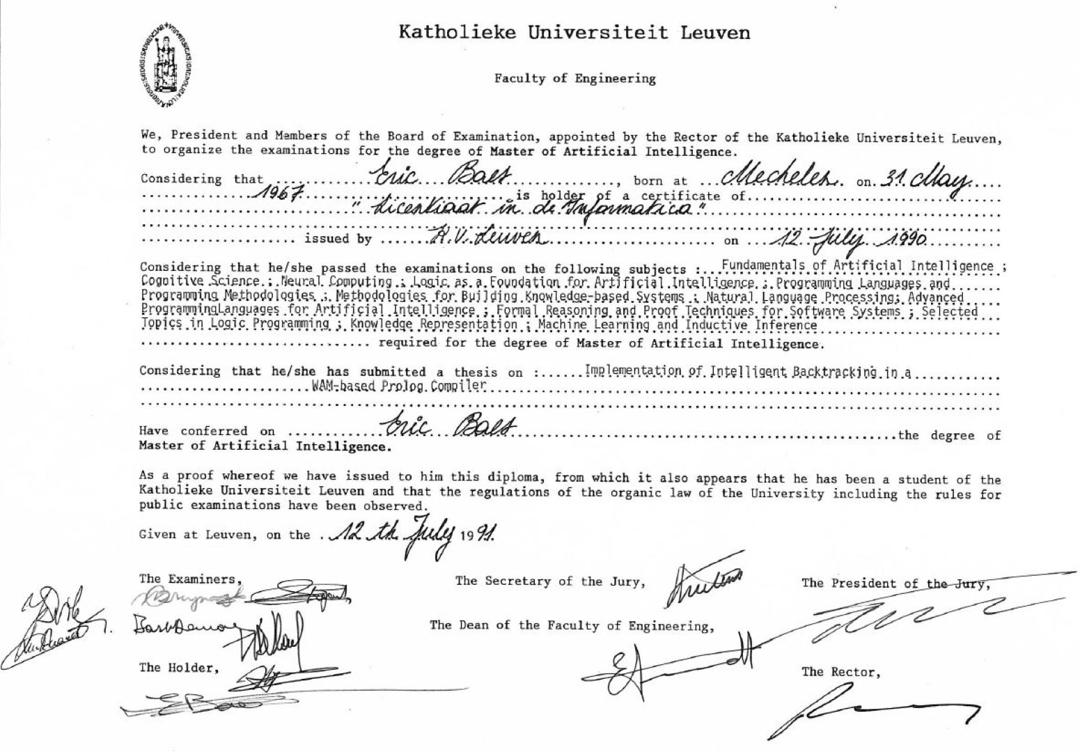 1991 (MSc) Master of Artificial Intelligence