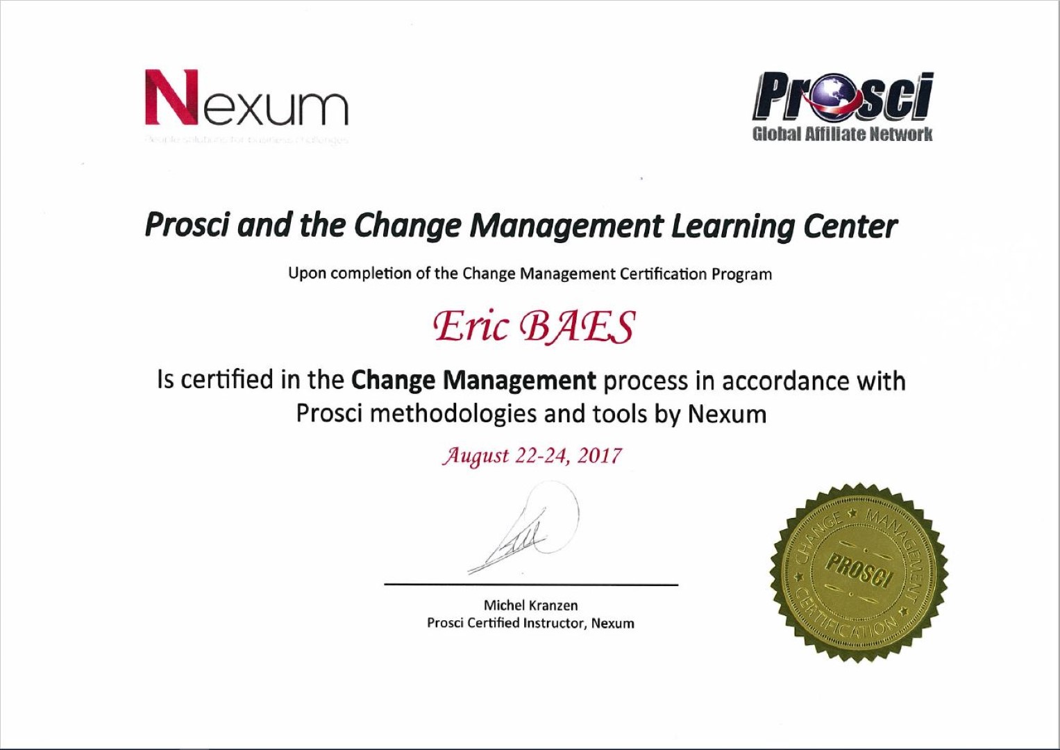 2017 (ADKAR) Prosci Certified Change Practitioner