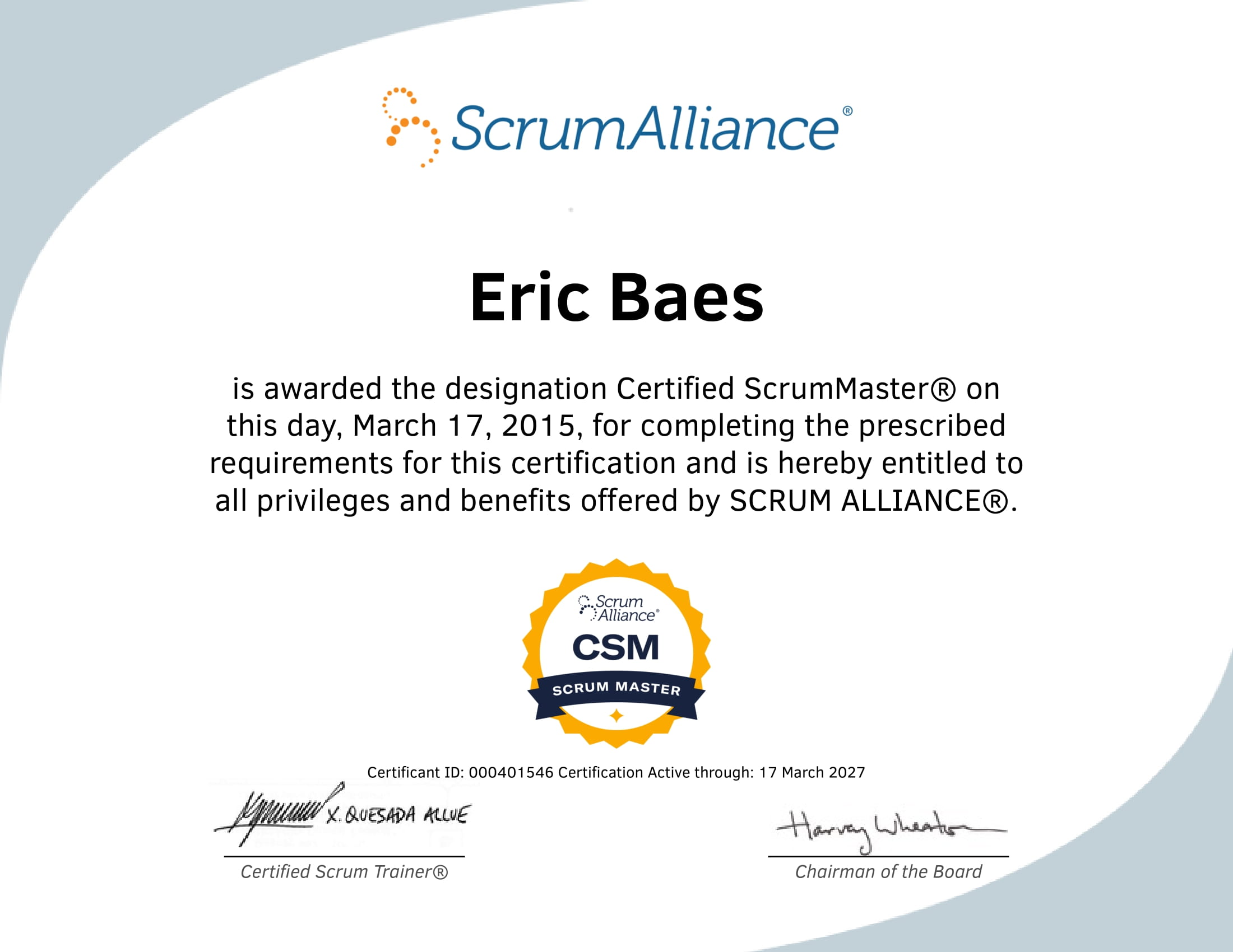 2015 (CSM) Certified ScrumMaster